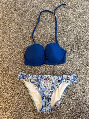 Victoria's Secret Blue Halter Bikini Top with Paisley Print Bottom